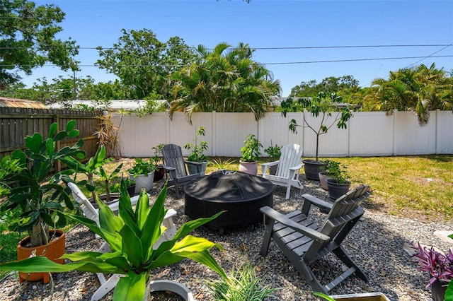 fenced backyard with a fire pit