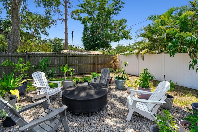 fenced backyard with a fire pit