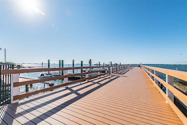 dock featuring view of water and beach