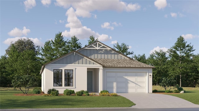 view of front facade featuring an attached garage, concrete driveway, board and batten siding, a front yard, and roof with shingles