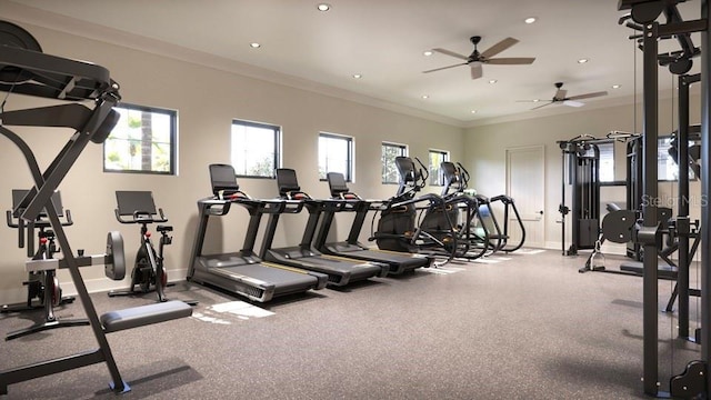 exercise room featuring crown molding, baseboards, a ceiling fan, and recessed lighting