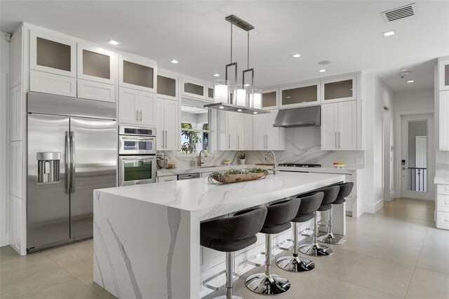 5500 W Lake Butler Rd, Windermere, FL 34786 - kitchen featuring stainless steel appliances, under cabinet range hood, an island with sink, light stone counters, and white cabinets