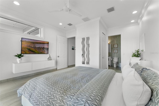 5500 W Lake Butler Rd, Windermere, FL 34786 - bedroom featuring crown molding, recessed lighting, light wood finished floors, baseboards, and connected bathroom