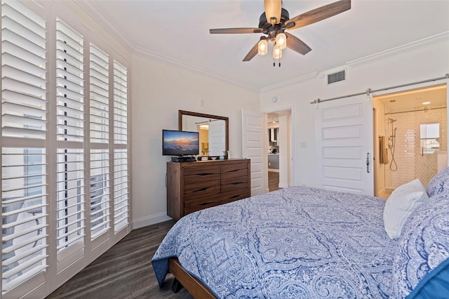 bedroom with dark wood finished floors, ornamental molding, baseboards, ceiling fan, and ensuite bathroom