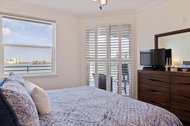 bedroom with multiple windows and crown molding