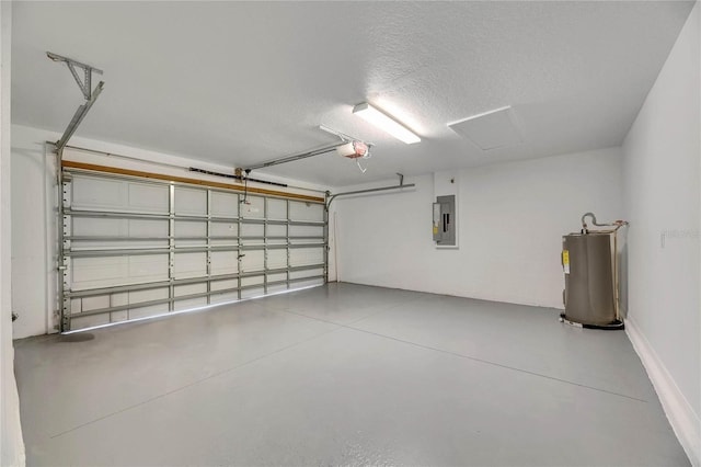 garage with water heater, electric panel, and a garage door opener