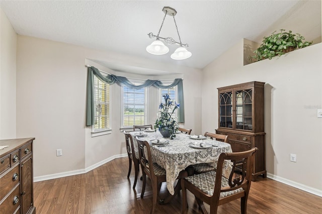 1202 Williams Rd, Plant City, FL 33565 - dining area with dark wood-type flooring, vaulted ceiling, baseboards, and a textured ceiling
