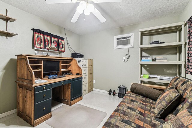 1202 Williams Rd, Plant City, FL 33565 - office with a textured ceiling, a wall mounted air conditioner, a ceiling fan, and baseboards
