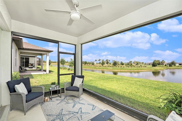 10418 Spring Tide Way, Parrish, FL 34219 - sunroom with a water view and a ceiling fan