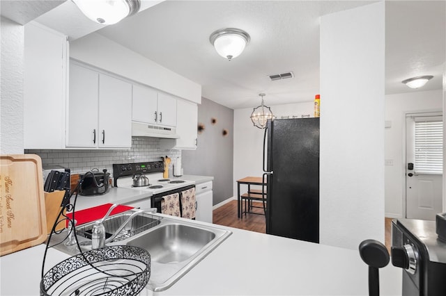 16504 Lake Brigadoon Cir, Tampa, FL 33618 - kitchen with freestanding refrigerator, under cabinet range hood, range with electric cooktop, decorative backsplash, and white cabinets