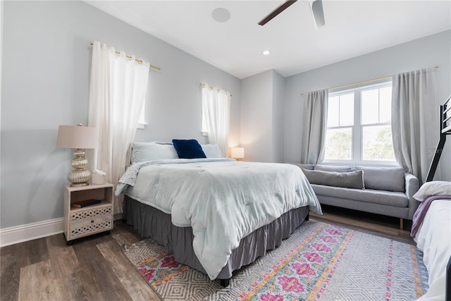 bedroom with wood finished floors, baseboards, ceiling fan, and recessed lighting