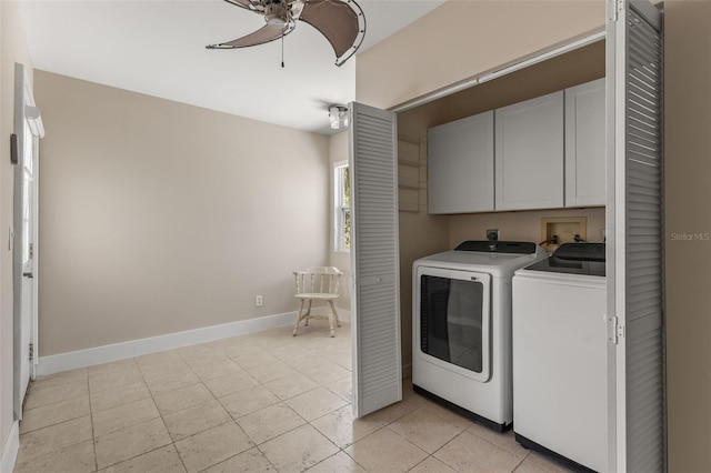 308 Chauncey Ave, Bradenton, FL 34208 - laundry room with a ceiling fan, baseboards, light tile patterned floors, washer and clothes dryer, and cabinet space