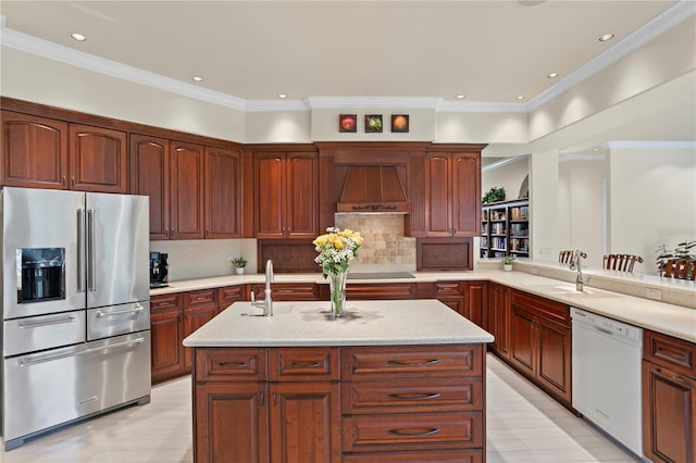 19815 Sea Rider Way, Lutz, FL 33559 - kitchen featuring stainless steel fridge, dishwasher, premium range hood, a sink, and crown molding
