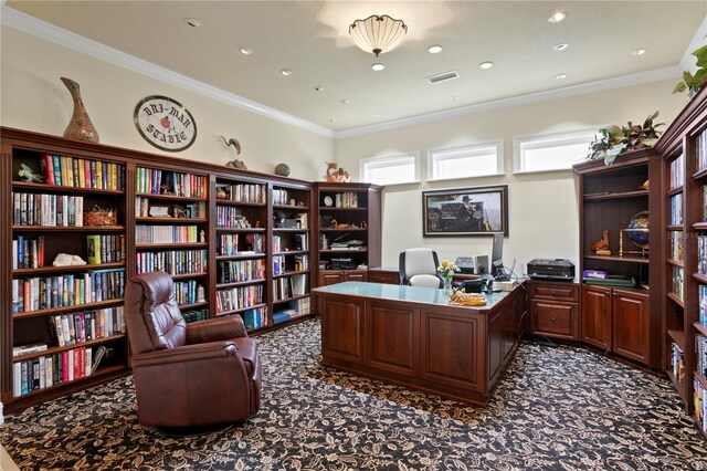 19815 Sea Rider Way, Lutz, FL 33559 - office with bookshelves, dark carpet, recessed lighting, and crown molding