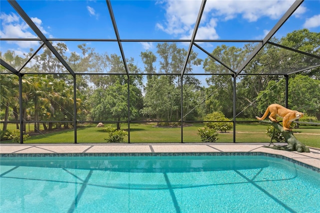 19815 Sea Rider Way, Lutz, FL 33559 - swimming pool with glass enclosure, a yard, and view of scattered trees