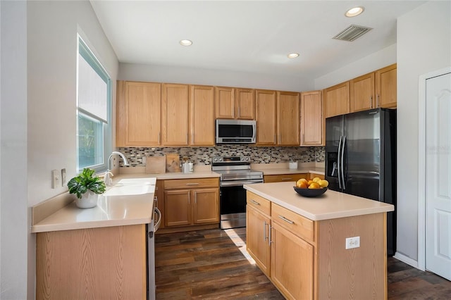 5804 Butterfield St, Riverview, FL 33578 - kitchen featuring appliances with stainless steel finishes, a sink, dark wood-type flooring, decorative backsplash, and recessed lighting