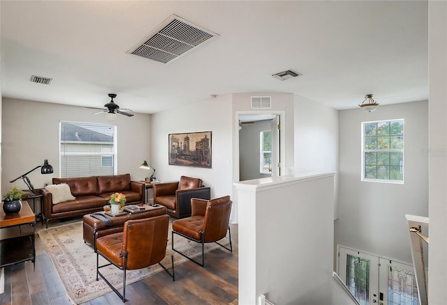 5804 Butterfield St, Riverview, FL 33578 - living area with dark wood-style floors and a ceiling fan