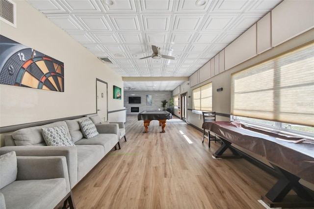 playroom featuring pool table, an ornate ceiling, ceiling fan, and light wood-style floors