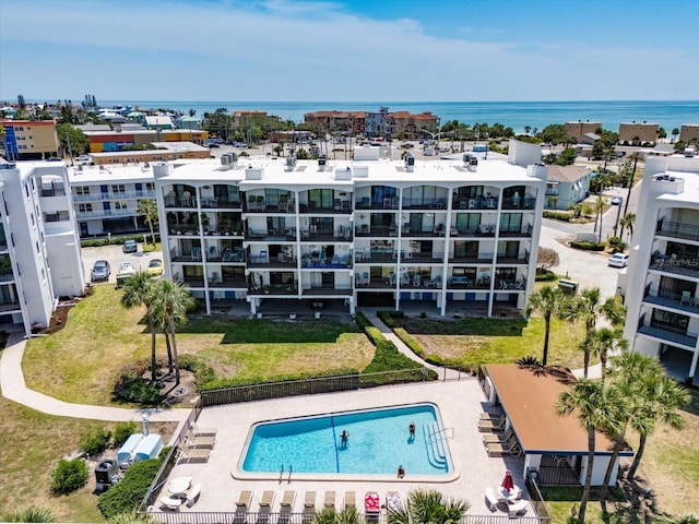 drone / aerial view with a water view
