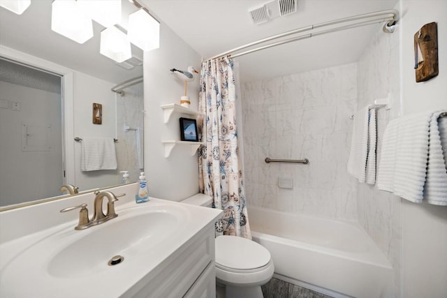 bathroom with toilet, visible vents, vanity, and shower / bathtub combination with curtain