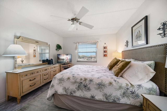 bedroom featuring wood finished floors, a ceiling fan, and multiple windows