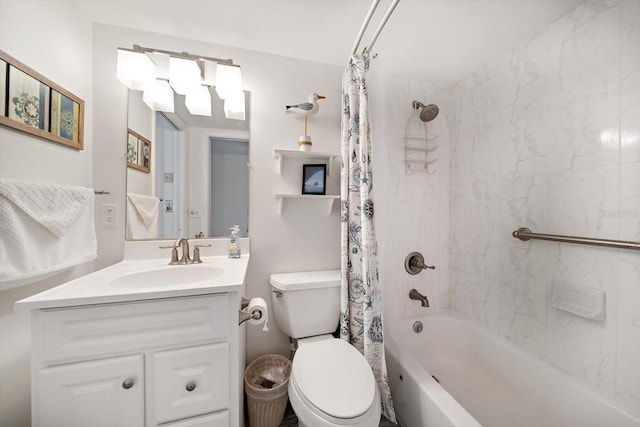 bathroom with toilet, vanity, and shower / bathtub combination with curtain