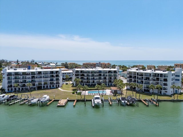bird's eye view with a water view