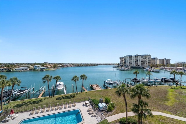 view of water feature featuring boat lift and a dock