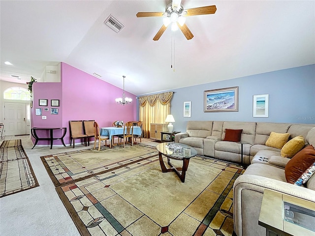 24305 Denali Ct, Lutz, FL 33559 - living room with lofted ceiling, a chandelier, and a ceiling fan