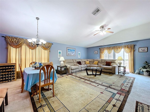 24305 Denali Ct, Lutz, FL 33559 - living room featuring a chandelier, light colored carpet, vaulted ceiling, and ceiling fan