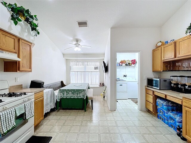 24305 Denali Ct, Lutz, FL 33559 - kitchen with white range with gas cooktop, stainless steel microwave, washer / clothes dryer, and under cabinet range hood