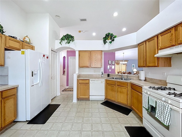 24305 Denali Ct, Lutz, FL 33559 - kitchen with white appliances, under cabinet range hood, a sink, light floors, and light countertops