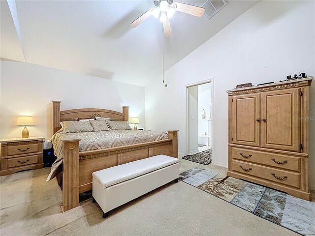 24305 Denali Ct, Lutz, FL 33559 - bedroom with light colored carpet, ceiling fan, high vaulted ceiling, and baseboards