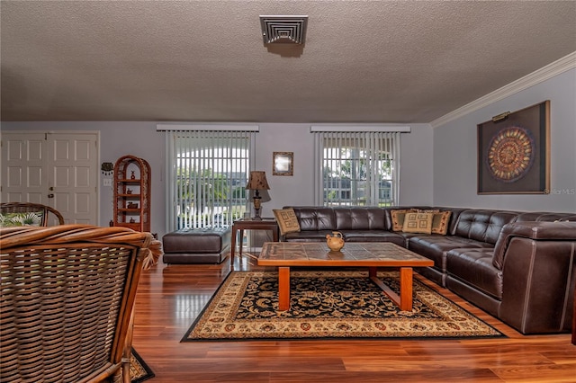 12303 Fieldstone Ln, Hudson, FL 34667 - living area with wood finished floors, healthy amount of natural light, a textured ceiling, and crown molding