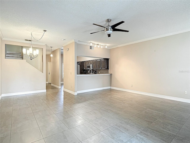 unfurnished living room featuring ornamental molding, a textured ceiling, ceiling fan with notable chandelier, and visible vents