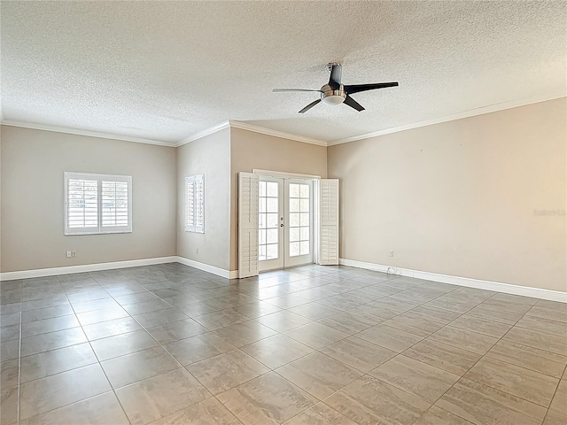 empty room with a ceiling fan, ornamental molding, french doors, tile patterned flooring, and a textured ceiling