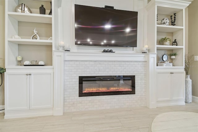 detailed view of a brick fireplace and built in features