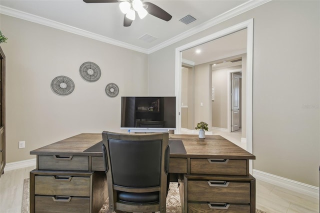 office area with ceiling fan, baseboards, and ornamental molding