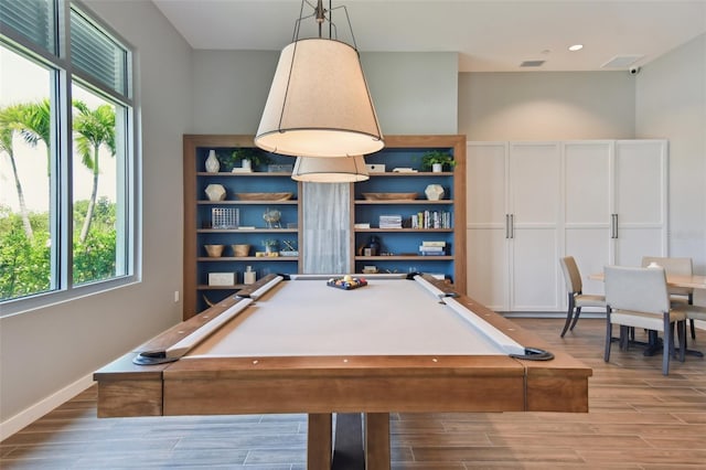 playroom with wood finished floors, billiards, recessed lighting, and baseboards