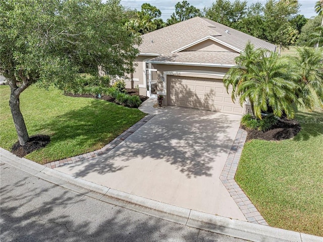 single story home featuring roof with shingles, an attached garage, concrete driveway, stucco siding, and a front lawn