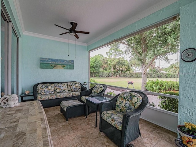 sunroom / solarium featuring an outdoor hangout area and a ceiling fan