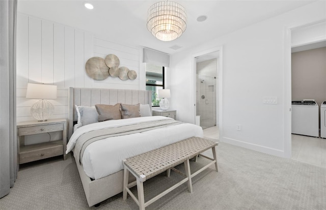 bedroom with separate washer and dryer, carpet flooring, baseboards, ensuite bath, and recessed lighting