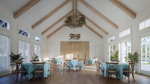 4531 Gardner St, Bradenton, FL 34210 - dining room with a chandelier, a high ceiling, beamed ceiling, and hardwood / wood-style flooring