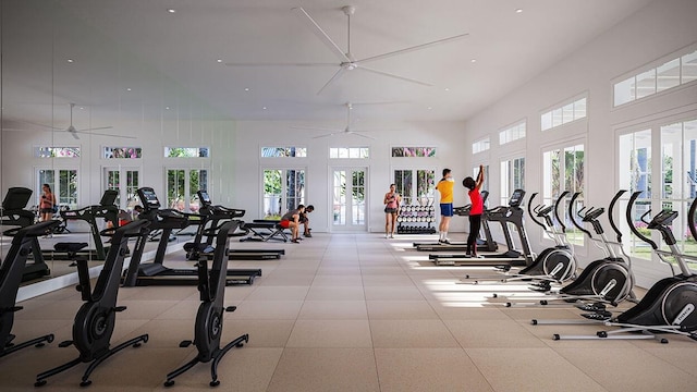 4531 Gardner St, Bradenton, FL 34210 - gym featuring ceiling fan, healthy amount of natural light, french doors, a high ceiling, and recessed lighting