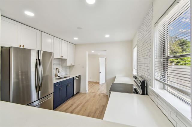 3535 16th St N, Saint Petersburg, FL 33704 - kitchen featuring appliances with stainless steel finishes, a sink, blue cabinetry, backsplash, and white cabinetry