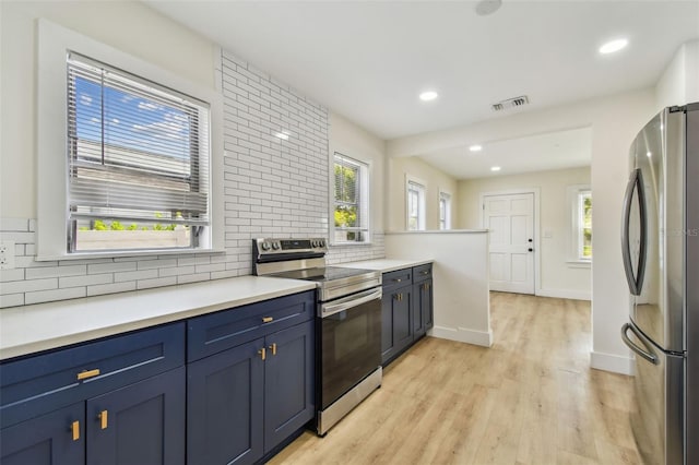 3535 16th St N, Saint Petersburg, FL 33704 - kitchen featuring stainless steel appliances, blue cabinets, backsplash, light wood-style floors, and plenty of natural light