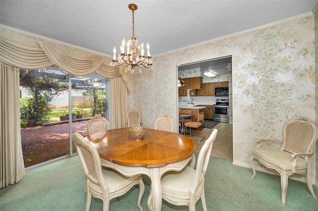 dining area with ornamental molding, wallpapered walls, a chandelier, light colored carpet, and a textured ceiling