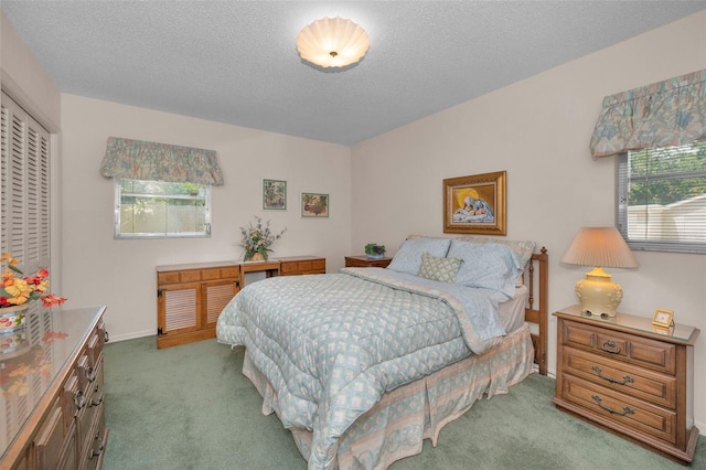 bedroom featuring carpet floors, multiple windows, a closet, and a textured ceiling