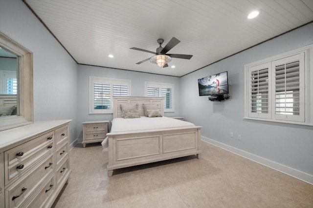 bedroom with ceiling fan, baseboards, light tile patterned floors, and recessed lighting