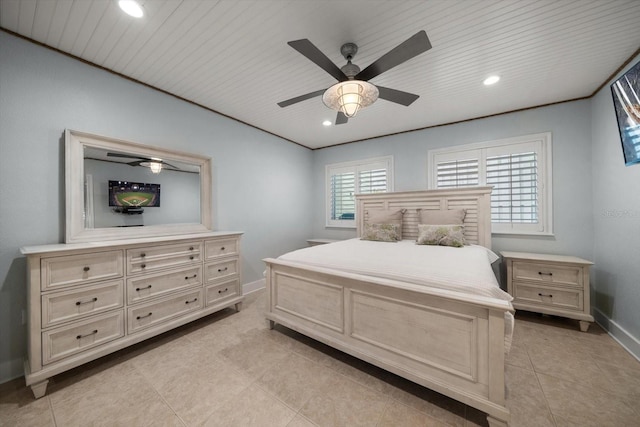 bedroom with a ceiling fan, baseboards, light tile patterned flooring, and recessed lighting